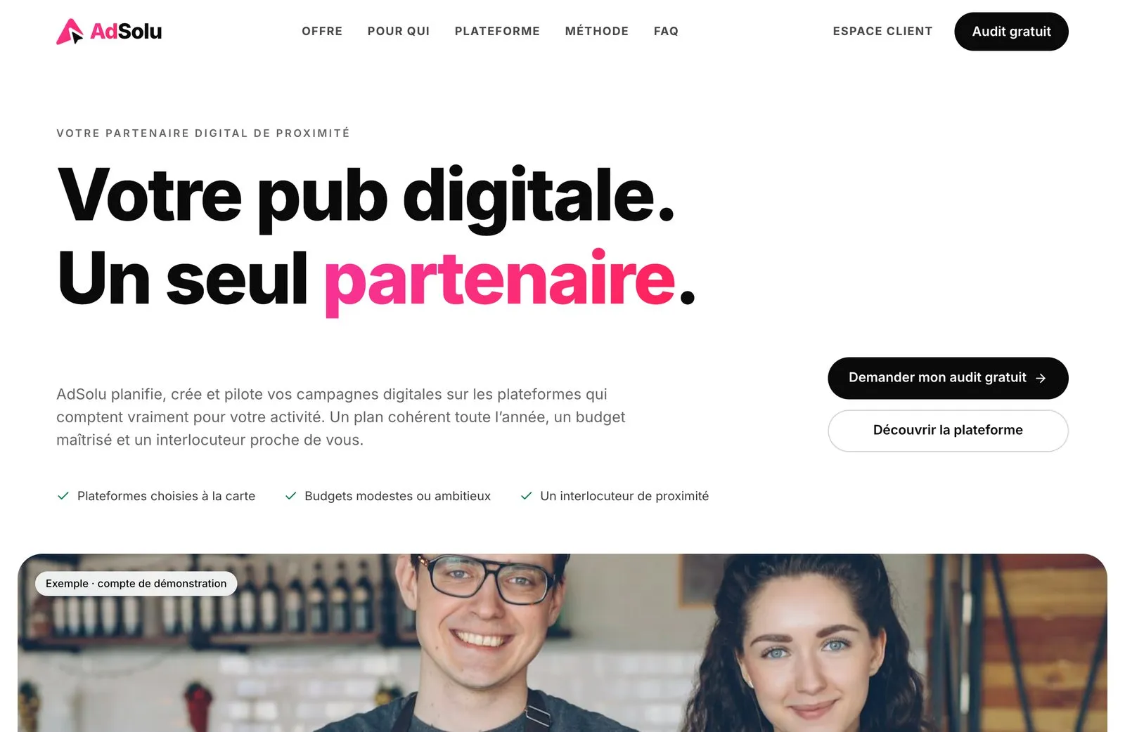 Hero du site AdSolu — titre « Votre pub digitale. Un seul partenaire. » et accès à l’audit gratuit