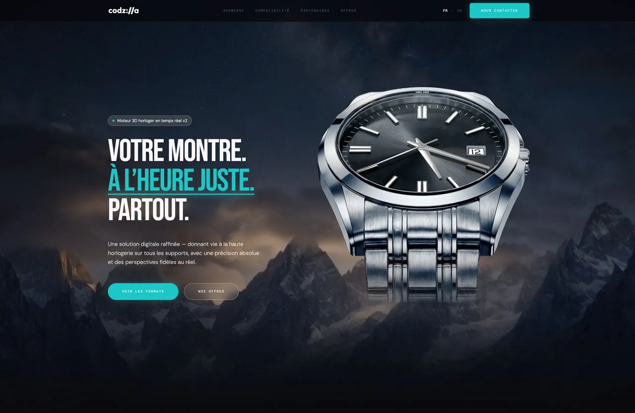 Hero du site LiveWatch — montre en 3D temps réel sur fond de montagnes