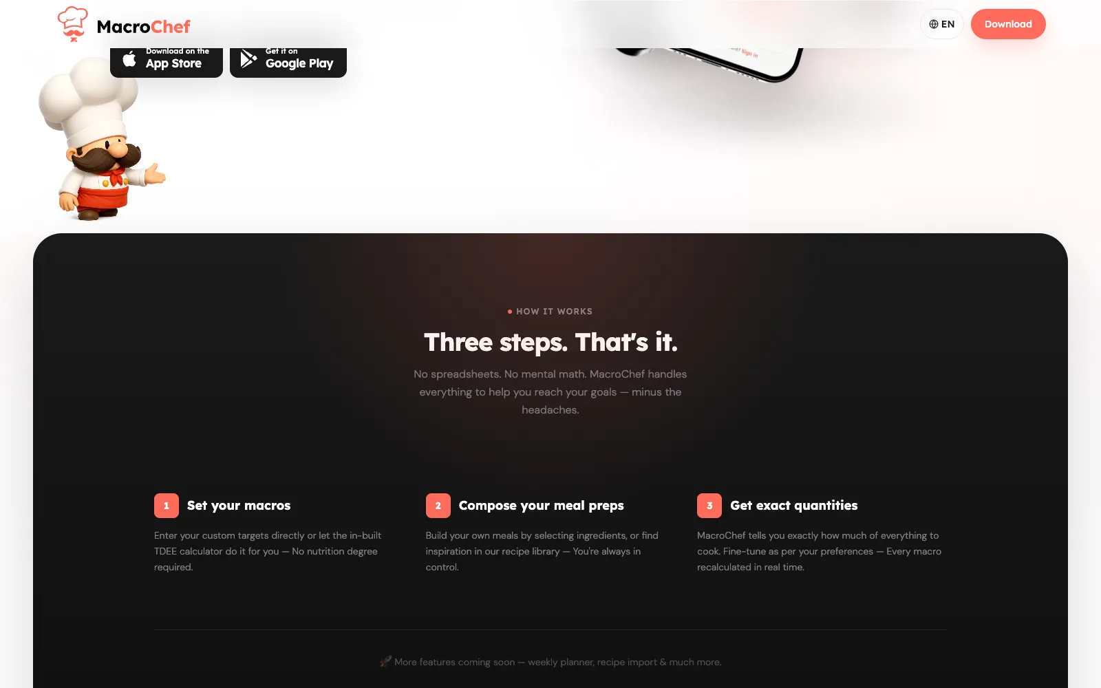 Section « Three steps » — les trois étapes du fonctionnement de MacroChef