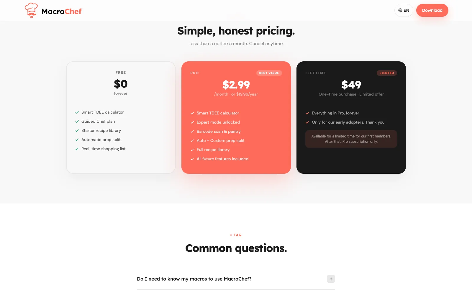 Les formules de MacroChef — Free, Pro et Lifetime