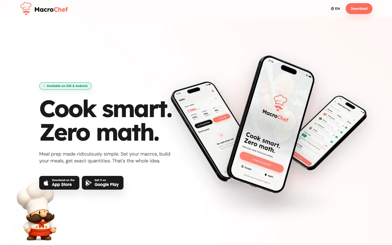 Page d'accueil de MacroChef avec les écrans de l'application mobile