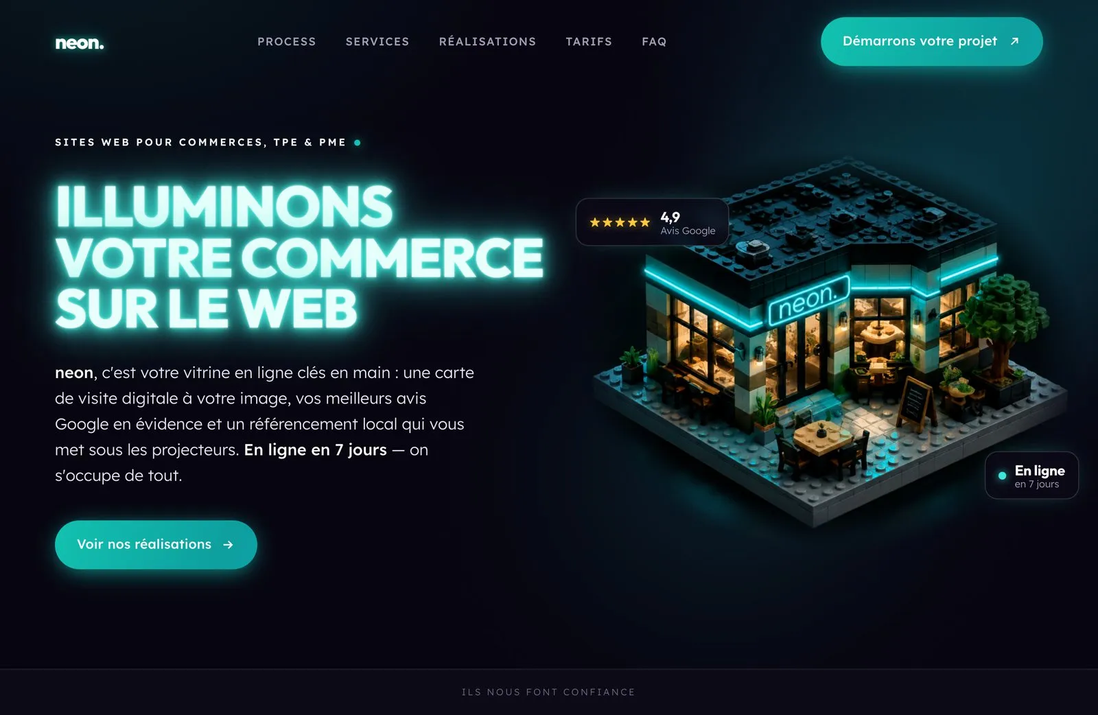 Hero du site neon — boutique isométrique éclairée au néon et titre « Illuminons votre commerce sur le web »